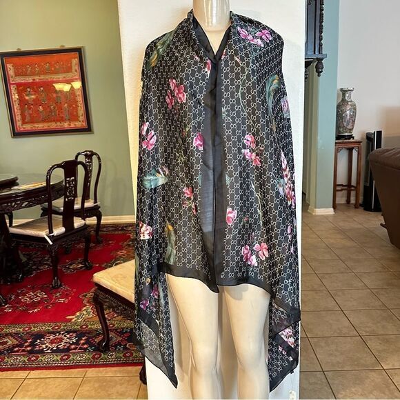 100% SILK BY FASHION DESIGN FEATHER FLORAL LARGE SOFT LIGHTWEIGHT SCARF NWT - Picture 5 of 11